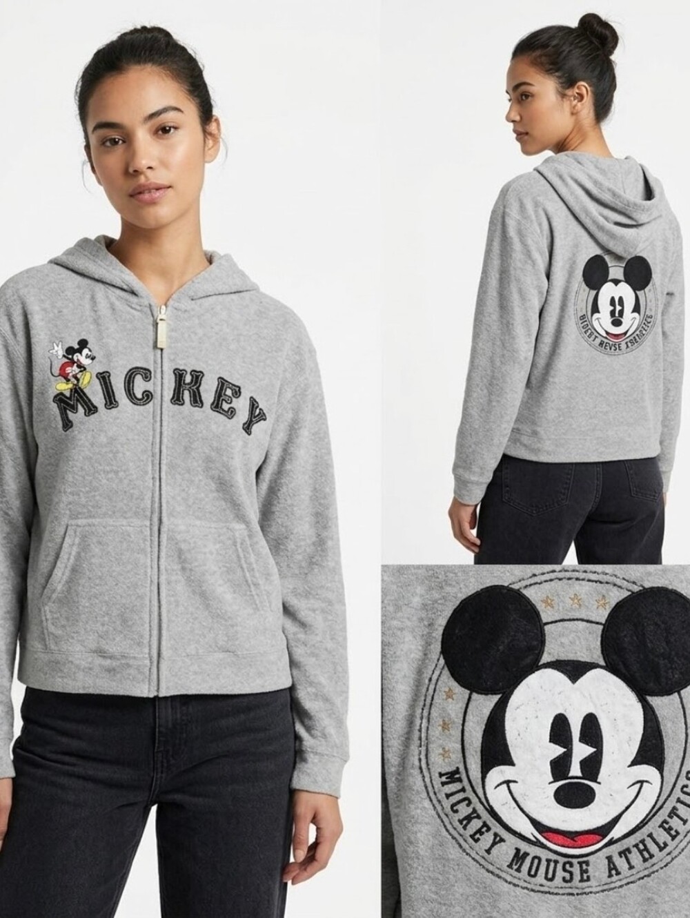 Disney Mickey Mouse Gray Zip Up Jacket Size S Small Fleece Coat Vintage Top